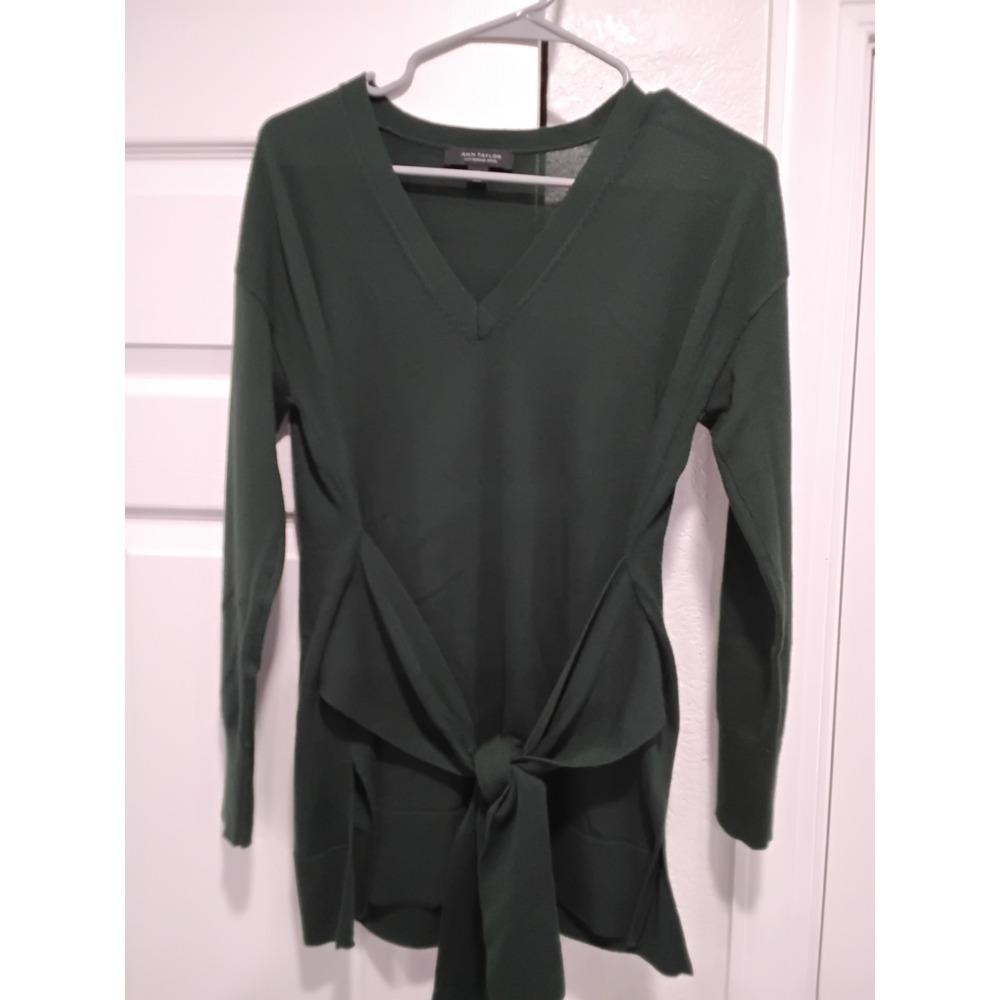 Ann Taylor Merino Wool V Neck Tie Front Sweater Tunic Top Green XS